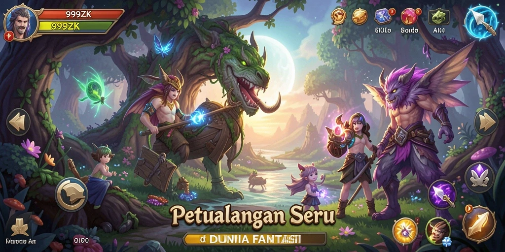 Screenshot utama 999ZK menampilkan karakter beraksi di latar belakang yang menakjubkan.
