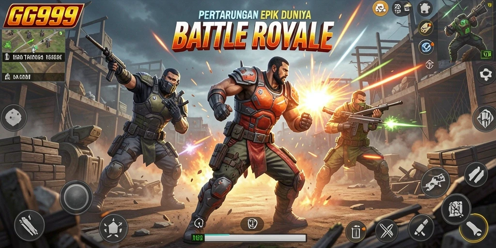 Screenshot utama GG999 menampilkan aksi pertempuran sengit di peta Battle Royale.