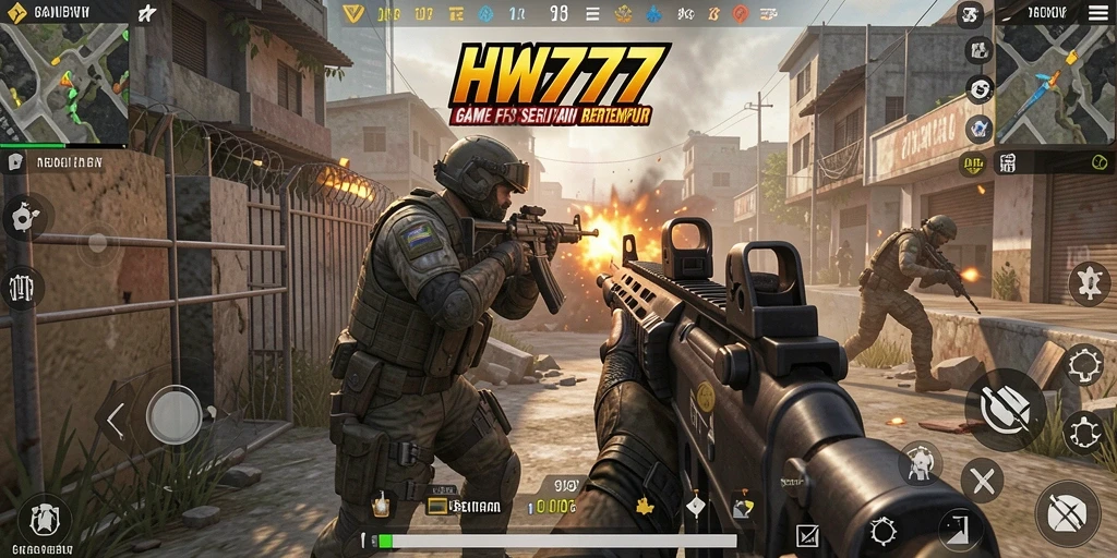 Screenshot menunjukkan aksi intens gameplay FPS HW777 yang mendebarkan.