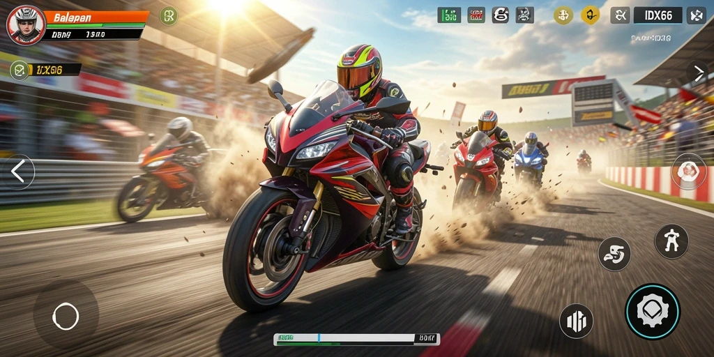 Screenshot menampilkan aksi balapan motor yang seru dan menegangkan.