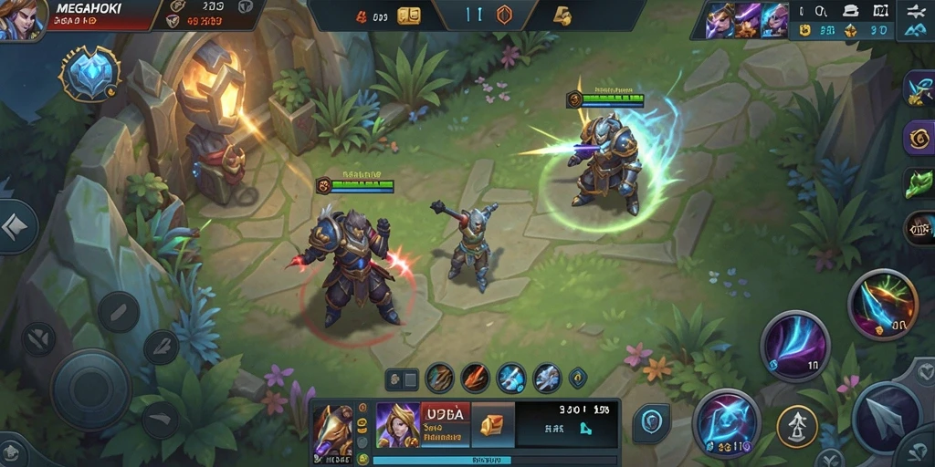 Tampilan gameplay MEGAHOKI dengan karakter bertarung di arena.