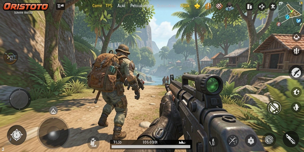 Screenshot gameplay ORISTOTO yang menunjukkan aksi seru dalam pertempuran TPS.
