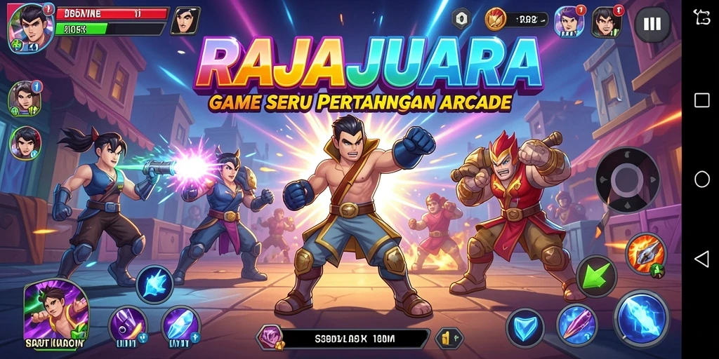 Screenshot gameplay RAJAJUARA menampilkan pertarungan seru di arena penuh warna.