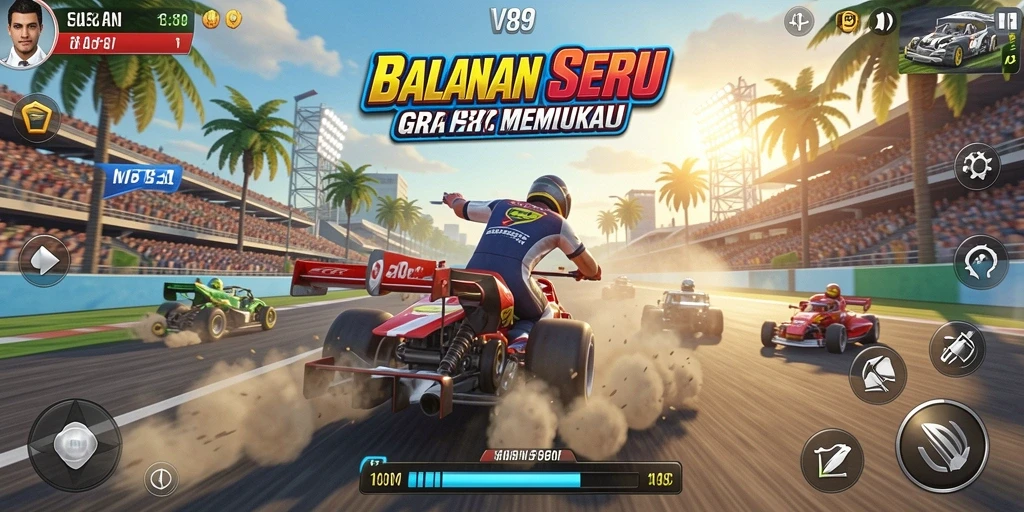 Screenshot menunjukkan mobil balap melaju cepat di lintasan penuh tantangan.